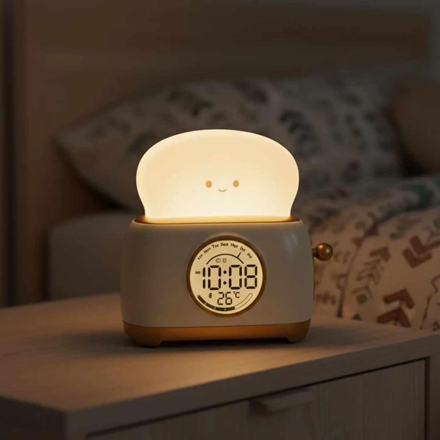 Toast Shaped Digital Timepiece, Multifunctional Bedside Alarm Clock With Detachable Soft Glow Night Lamp And Temperature Readout