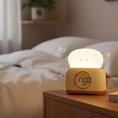 Toast Shaped Digital Timepiece, Multifunctional Bedside Alarm Clock With Detachable Soft Glow Night Lamp And Temperature Readout